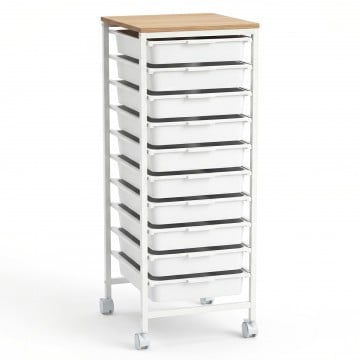 10-Drawer Rolling Storage Cart Mobile Utility Organizer with Wooden Tabletop and Lockable Wheels