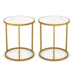 16 Inch Marble Top Round Side Table with Golden Metal Frame for Living Room Bedroom