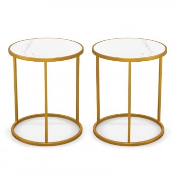 16 Inch Marble Top Round Side Table with Golden Metal Frame for Living Room Bedroom