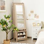 2-in-1 Wooden Cosmetics Storage Cabinet with Full-Length Mirror and Bottom Rack