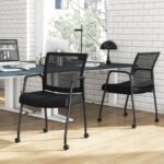 2 Pieces Office Guest Chairs on Wheels with Metal Frame and Armrests