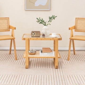 2-tier Bamboo Side Table with Glass Top