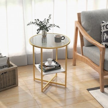 2-Tier Glass End Table Set of 2 with Faux Marble Storage Shelf