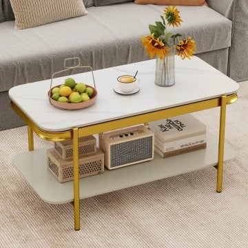 2-Tier Modern Rectangular Coffee Table with Sintered Stone Top