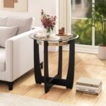 24 Inches Round Side Table with Tempered Glass Top and Solid Rubber Wood Base