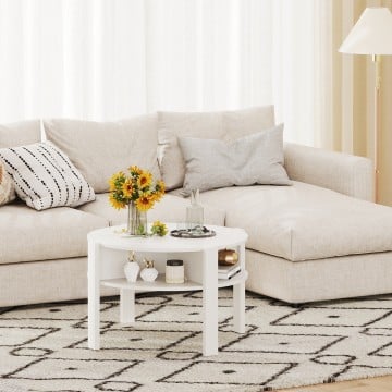 29.5 Inch Round Coffee Table with Storage Shelves for Small Space