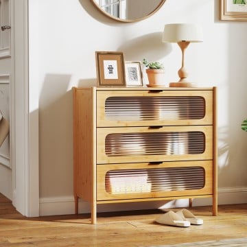 3 Drawer Mid Century Modern Chest of Drawers with Reeded Tempered Glass Front