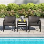 3 Piece Patio Furniture Set with 2 Modern Rattan Armchair and 25 Inch Squire Side Table