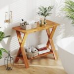 35 Inch Solid Teak Wood Console Table with Storage Shelf