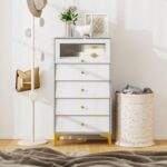 4 Drawer Modern Storage Cabinet with Flip Up Fluted Glass Door