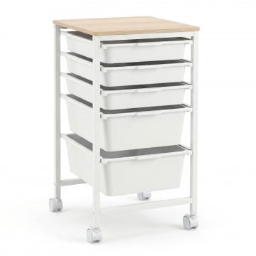5-Drawer Rolling Storage Cart Mobile Utility Organizer with Wooden Tabletop and Lockable Wheels