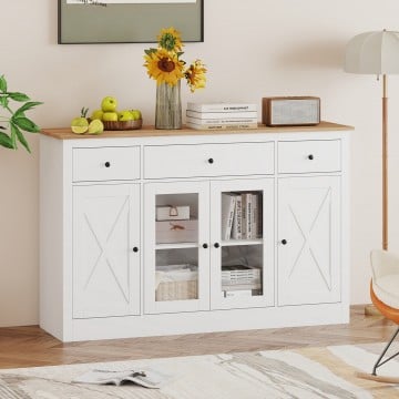 55 inch Large Buffet Sideboard Kitchen Storage Cabinet with 3 Drawers 2 See-through Doors Adjustable Shelves Wine Bar Table 55 inch Large Buffet Sideboard Kitchen Storage Cabinet with 3 Drawers 2 See-through Doors Adjustable Shelves Wine Bar Table