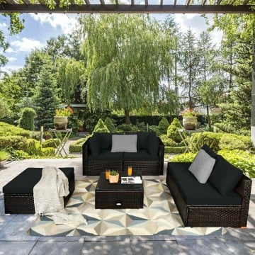 6 Pieces Outdoor Patio Rattan Furniture Set Sofa Ottoman