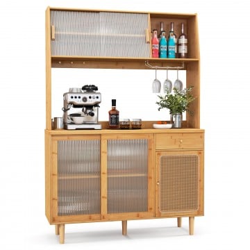 69 Inch Wine Bar Kitchen Cabinet with Sliding Tempered Glass and Rattan Door 69 Inch Wine Bar Kitchen Cabinet with Sliding Tempered Glass and Rattan Door