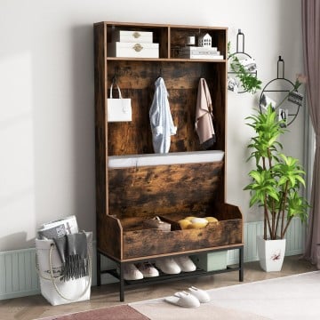 69 Inches Tall Hall Tree 4-in-1 Coat Rack with Seat Cushion and Shoe Storage
