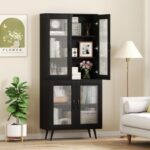 70.5 inch Tall Kitchen Pantry Cabinet Cupboard with 4 Transparent Doors