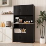 71" Tall Kitchen Pantry Cabinet with Charging Station Wooden Buffet Cupboard Sideboard