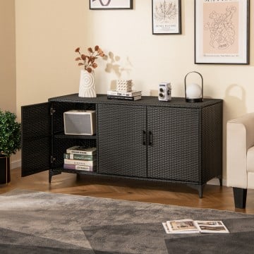 84 Gallon Patio Wicker Deck Box 3-Door PE Rattan Storage Container with Removable Shelves