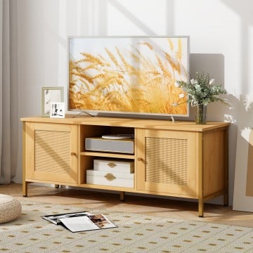 Boho TV Stand for TV up to 55 Inches with Faux Rattan Door