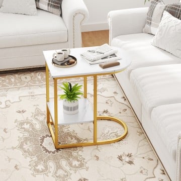 C-shaped Modern Sofa Side Table with Faux Marble Tabletop and Storage Shelf C-shaped Modern Sofa Side Table with Faux Marble Tabletop and Storage Shelf
