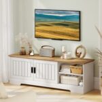 Farmhouse TV Stand for TVs up to 65 Inch with Sliding Doors and Storage Cabinets