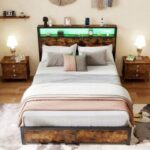 Full/Queen Size LED Bed Frame with Charging Station and 4 Storage Drawers