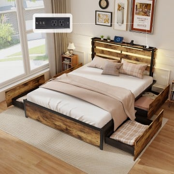 Full/Queen/Twin Size Bed Frame with Drawers LED Lights and USB Ports Full/Queen/Twin Size Bed Frame with Drawers LED Lights and USB Ports