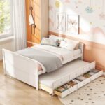 Full Size Bed Frame with Twin Trundle and 3 Storage Drawers for Teens Adults