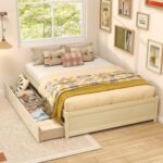 Full Size Wooden Bed Frame with 2 Rolling Storage Drawers