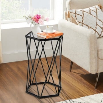 Hexagonal Accent End Table with Tempered Glass Top and Metal Frame Hexagonal Accent End Table with Tempered Glass Top and Metal Frame
