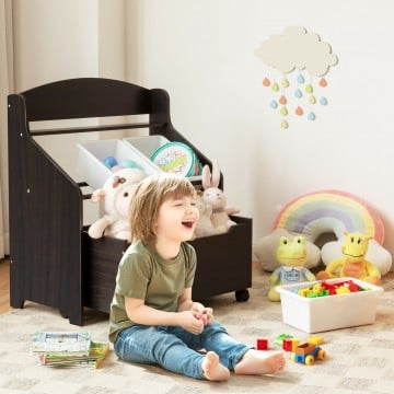 Kids Wooden Toy Storage Unit Organizer with Rolling Toy Box and Plastic Bins
