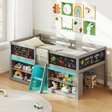 Low Loft Bed with LED Lights Kids Cabin Bed with Bookcases