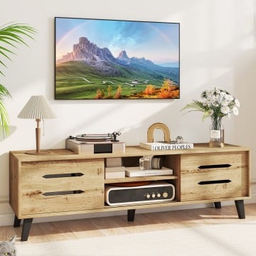 Mid Century Modern TV Stand with Sliding Doors and Cable Hole for 65 Inch TVs