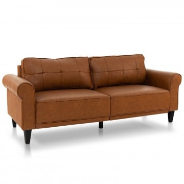 PU Leather Modern 3-Seater Sofa Couch with 2 Detachable Back Pillows