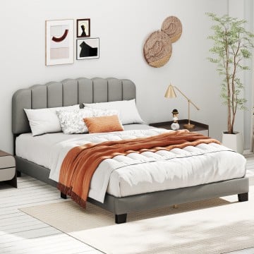 Queen Size Bed Frame with Adjustable Scalloped Tufted Headboard