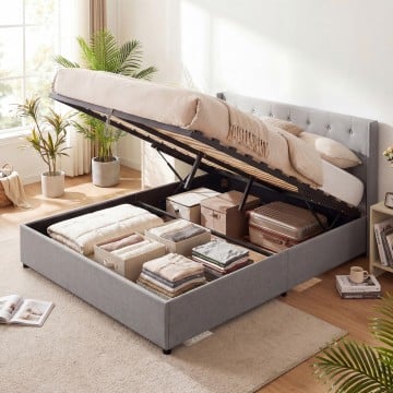 Queen Size Lift-up Storage Bed Modern Linen Upholstered Platform Bed Queen Size Lift-up Storage Bed Modern Linen Upholstered Platform Bed