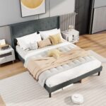 Queen Size Upholstered Bed Frame with Button Tufted Wingback Headboard and Wooden Slats Support Mattress Foundation