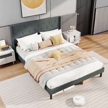 Queen Size Upholstered Bed Frame with Button Tufted Wingback Headboard and Wooden Slats Support Mattress Foundation