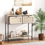 Rattan Console Table Boho Entryway Table with 2 Rattan Drawers and Open Storage Shelf