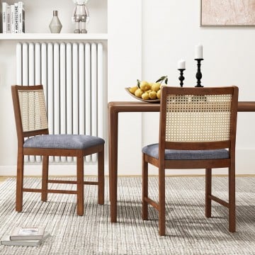 Rattan Dining Chair Set of 2 with Rubber Wood Frame and Linen Fabric Padded Seat Rattan Dining Chair Set of 2 with Rubber Wood Frame and Linen Fabric Padded Seat