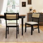 Rattan Dining Chairs Set of 2 Fabric Upholstered Kitchen Chairs with Padded Seat and Rubber Wood Legs
