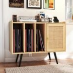 Record Player Stand with Charging Station and Rattan Cabinet for Living Room