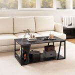 Rectangle Coffee Table 2-tier Industrial Accent Table with Storage Shelf and Compartment