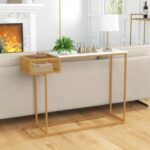 Rectangular White Faux Marble Console Table with Storage