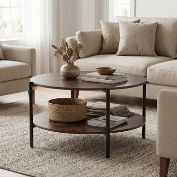 Round Coffee Table 2-Tier Industrial Accent Table with Open Storage Shelf