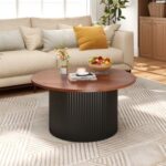 Round Coffee Table with Solid Wood Frame and Wooden Top
