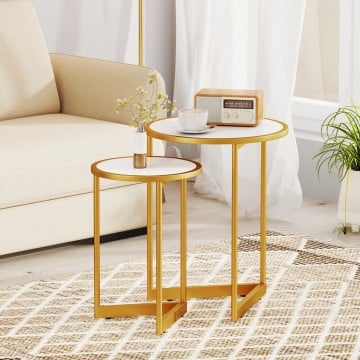 Round Nesting Table Set of 2 with Marble-like Tabletop for Living Room