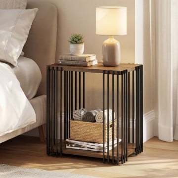 Rubber Wood Side Table with 2-Layer Storage Shelves and Metal Frame