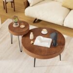 Set of 2 Boho Round Coffee Table with Solid Pine Wood Top and Metal Legs