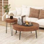 Set of 2 Solid Wood Ring Pattern Farmhouse Round Coffee Tables